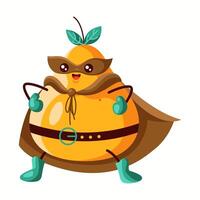 Strong and confident pear superhero with a brown mask and cape. Cheerful and bold fruit character standing proudly. Ideal for healthy eating campaigns, children's media, and creative branding. vector