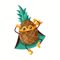 Powerful pineapple superhero wearing a mask and green cape. Strong, adventurous fruit character representing energy, freshness, and fun, ideal for kids' content and healthy food branding. vector