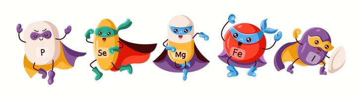 Illustration of a group of key trace elements, including phosphorus, selenium, magnesium, iron, and iodine, dressed as superheroes for health representation. vector