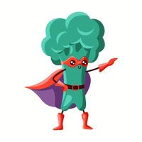 Confident broccoli superhero in a red mask and cape, pointing forward. A bold and inspiring vegetable character promoting strength, energy, and a healthy lifestyle. vector