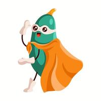 Smiling zucchini superhero in a white mask and orange cape, raising a hand. A friendly and energetic vegetable character representing health, fun, and adventure. vector