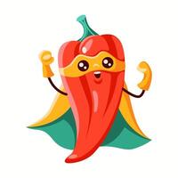 Red bell pepper superhero wearing a yellow mask and green cape, flexing muscles. A dynamic and playful character representing strength, energy, and fun. vector