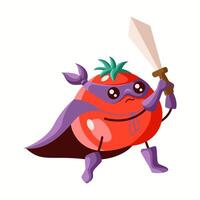 Determined tomato superhero holding a sword, dressed in a purple cape and mask. A fearless and adventurous vegetable character promoting action, fun, and creativity. vector