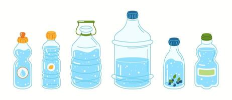 Illustration of various plastic water bottles in different shapes and sizes, highlighting hydration, portability, and convenience. vector
