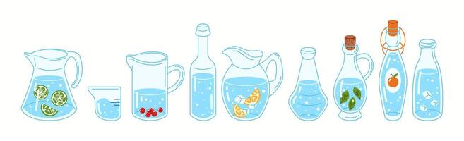 Illustration of multiple water jugs, bottles, and pitchers, representing a variety of storage options for clean drinking water. vector