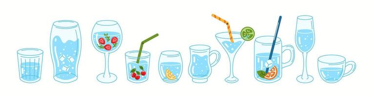 Illustration of a set of different glasses and cups filled with water, symbolizing diverse drinkware for daily hydration. vector