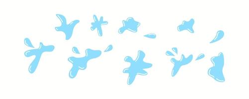 Set of blue water splashes in various shapes and sizes isolated on a white background. Perfect for design projects, animation, and graphic elements related to water, freshness, and purity. vector