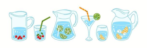 Collection of pitchers and glasses filled with fresh water, ice cubes, and fruits like lime, orange, and berries. Modern flat-style illustration representing hydration, freshness, and summer drinks. vector