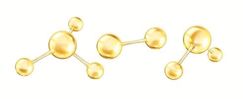 Rotating golden collagen molecules realistic color icons set. Spheres form complex structure representing bonds 3d objects bundle on white vector