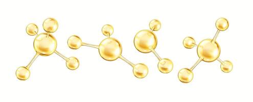 Golden collagen molecules form complex structures realistic color icons set. Spheres create chemical bonds 3d objects bundle on white vector