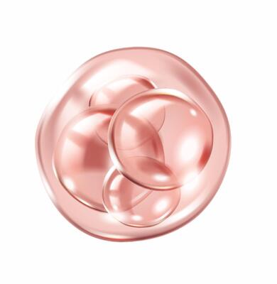 Pink collagen molecules with glossy effect inside bubble realistic illustration. Scientific research of skincare 3d object on white
