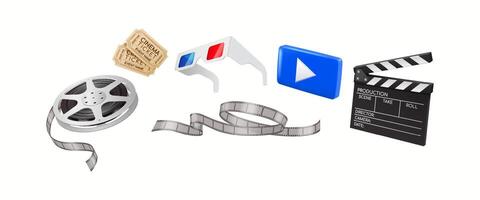 Set of realistic 3D cinema elements including a film reel, clapperboard, tickets, 3D glasses, and a play button. Ideal for entertainment and filmmaking themes. vector