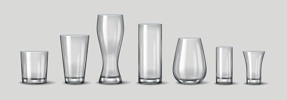 Realistic 3D illustration featuring a variety of tall and short glasses in different shapes, suitable for various drinks, including cocktails, water, and soft beverages. vector