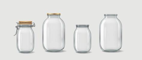 Realistic 3D illustration of tall glass bottles with different types of lids. Perfect for beverage storage, dairy products, and kitchen containers. vector