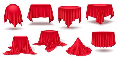 Red silk and satin cloths covering items realistic color icons set. Mystery and anticipation for grand event opening 3d objects bundle on white vector