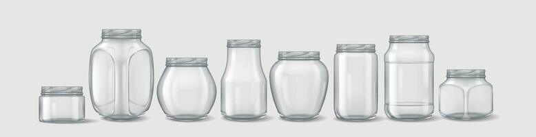 3D realistic illustration of a set of glass jars without lids, ideal for product mockups, storage, and packaging design. vector