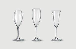 3D realistic illustration of a set of champagne glasses with unique modern shapes. Suitable for premium bars, special occasions, and high-end celebrations. vector