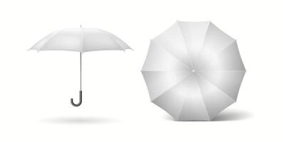Minimalist cane umbrellas mockup side and top view realistic color icons set. Elegant design and functionality 3d objects bundle on white vector