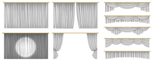 3D realistic illustration of white elegant theater curtains, designed for ceremonial and performance settings, providing a bright and refined backdrop. vector