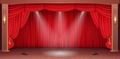 A realistic 3D illustration of a classic theater stage with an elegant red velvet curtain and soft ambient lighting, creating a dramatic atmosphere. vector