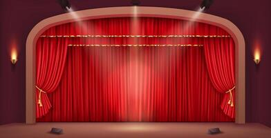 A stunning 3D illustration of a traditional theater stage with an arch frame, decorated with a red velvet curtain and illuminated by soft lighting. vector