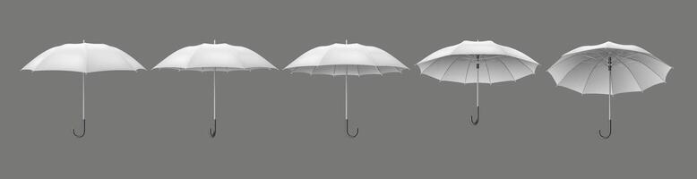 Open white umbrella-canes with handles realistic color icons set. Protection from weather and life issues 3d objects bundle on grey background vector