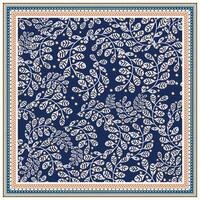 A navy blue square print scarf pattern, background featuring intricate white leaf and floral pattern, border with colorful geometric designs. vector