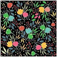 Colorful stylized floral pattern with leaves and blooms on a dotted black background, A decorative floral motif in bright colors displayed on a black backdrop, emphasizing the of the floral elements. vector