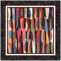 Abstract colorful pattern with various shapes and textures, bordered by a black and white frame. vector
