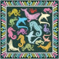 Colorful illustration of various sea creatures with a patterned border, Diverse sea creatures arranged in a square design against a lush green backdrop. vector