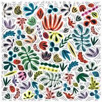 Colorful, abstract doodle of various hand-drawn floral and leaf patterns on white background. vector