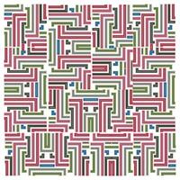 A vibrant geometric pattern featuring intertwined lines in red, green, black, and blue, creating a complex maze-like design. vector