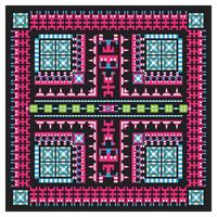 Colorful abstract pattern featuring geometric shapes in blue, pink, and green on a black background, evoking a vibrant textile design. vector
