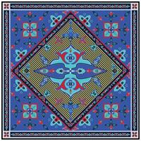 Intricately patterned, colorful symmetrical mandala with floral and geometric designs on a blue background. vector