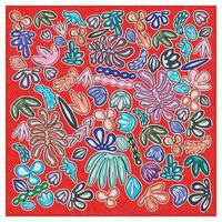 A vibrant pattern of stylized leaves and flowers in various colors set against a bright red background. vector