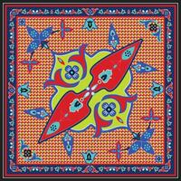 Colorful pattern with floral and butterfly designs on a red dotted background, enclosed by a decorative border. vector