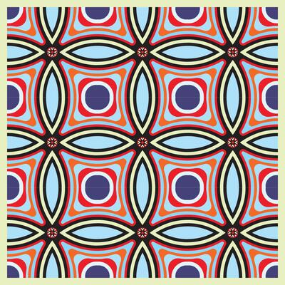 Colorful geometric pattern featuring red, blue, and black shapes arranged in a symmetrical design on a light green background.