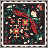 Vibrant floral pattern with red and yellow flowers on a black background, framed by a geometric border, A beautifully designed square scarf adorned with colorful floral patterns, vector