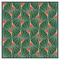 Repeating pattern of green and red fan-like shapes on a cream background, A vibrant green and orange patterned scarf featuring a striking red and white design, showcasing intricate details. vector