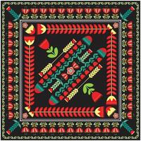 A square scarf pattern featuring vibrant red, green, and yellow flowers arranged harmoniously on dark background. vector