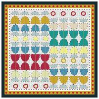 Colorful square print scarf, geometric shape pattern with semicircle motifs in a repeating design and dotted background, framed by a decorative border. vector