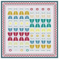 Colorful geometric patterns featuring varying shapes in red, blue, yellow, green, and gray, framed by a decorative border. vector