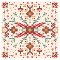 Pattern of symmetric red and green floral designs on a cream background, A square scarf embellished with delicate floral motifs, highlighting its stylish and vibrant design. vector
