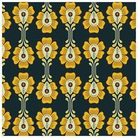 Square print , bold floral pattern featuring yellow flowers with red accents and green stems on a dark background. vector
