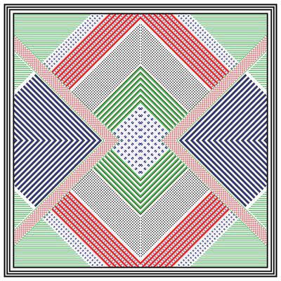 Geometric design featuring colorful diagonal stripes and polka dots in a diamond pattern, framed by bold black lines.