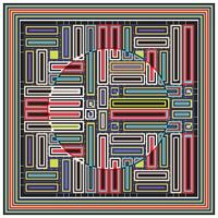 Geometric abstract artwork featuring vibrant rectangular patterns, layered in concentric circles and bordered by colorful lines. vector