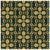 A vibrant repeat square print floral pattern featuring yellow flowers, green leaves, and red accents against a dark background, arranged symmetrically. vector