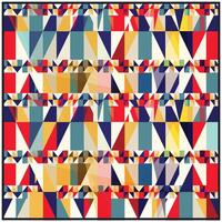 Colorful geometric quilt pattern with a vibrant, triangular motif and pattern border, quilt adorned with geometric shapes, displaying a harmonious blend of colors and patterns in a cozy design. vector