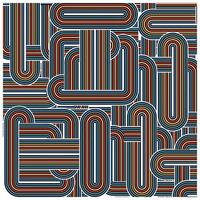 Abstract design featuring layered, curvy lines in shades of teal, red, and black, creating a complex, geometric pattern. vector