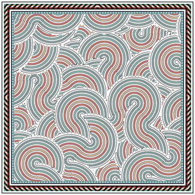 A vibrant pattern of swirling lines in red and teal, bordered by a colorful geometric frame, creating a dynamic visual rhythm.